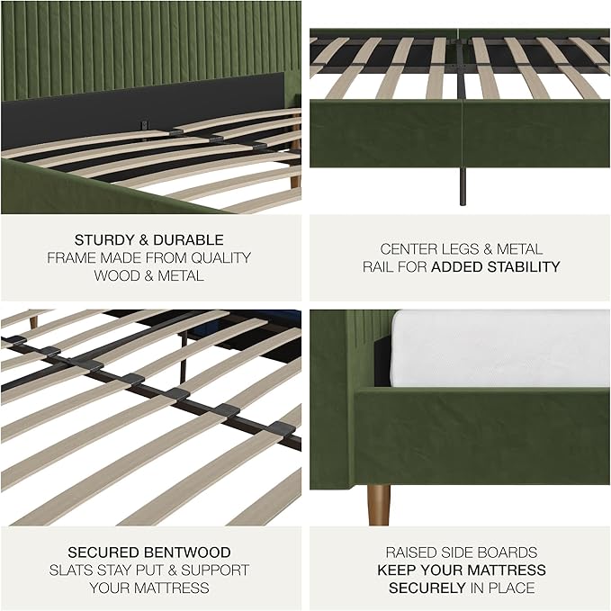 Mr. Kate Daphne Upholstered Bed with Vertical Channel Tufted Headboard, Full, Olive Green Velvet