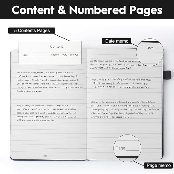 A5 Lined Journal Notebooks for Work, 192 Pages, Medium 5.7 x 8.3inch, College Ruled, Vegan Leather Hardcover Journals for Women Men,1 Pack