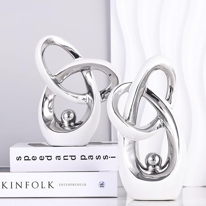 White Silver Modern Abstract Art Home Accent, Statues Coffee Table Decor, Table Centerpieces for Dining Room, Ceramic Sculptures and Gold Knick Knacks for TV Stand Decor
