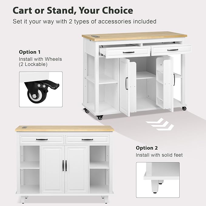 Merax Kitchen Island on Wheels with Extendable Dining Table & Power Outlet, Wood Kitchen Rolling Cart with Internal Storage Rack, 2 Drawers & 2 Cabinets, 47" Wide White