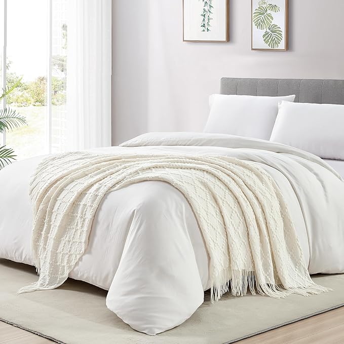 BOURINA White Throw Blanket 50 x70 Inches Jacquard Argyle Throw Textured Solid Soft Throws and Blankets for Sofa or Bed Knitted Decorative Blanket