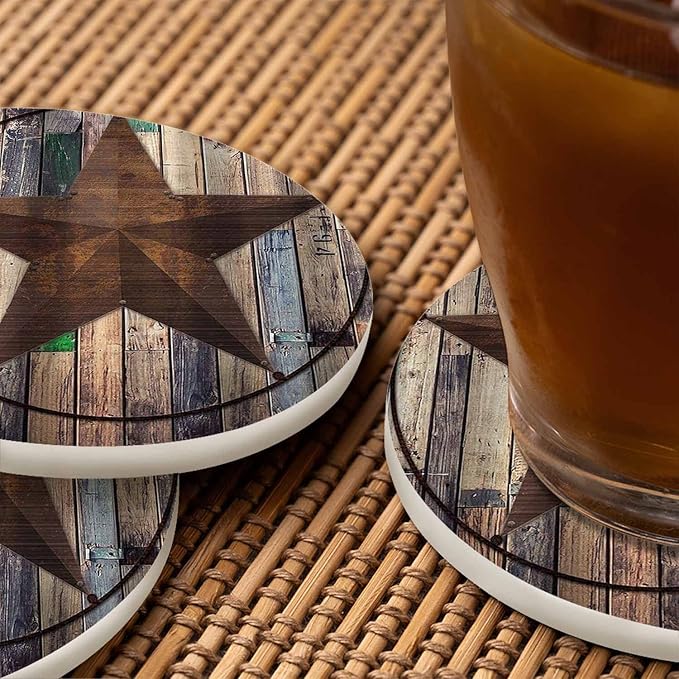 Rustic Barn Star Coasters for Drinks 2 Pack Vintage Wooden Board Farm House Tabletop Protection Kitchen and Coffee Table Décor & Accessories for Men Wome 100% Diatomiten,Set of 2