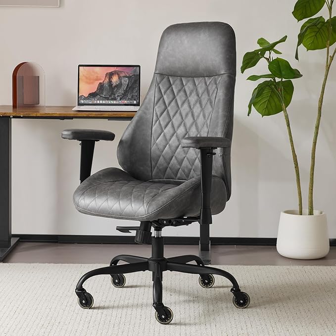 YFO Home Office Desk Chair High Back Office Rubber Chair Casters Ergonomic Computer Chair with Lumbar Support Adjustable Height Rolling Swivel Chair Executive Task Armrests, Grey Leather