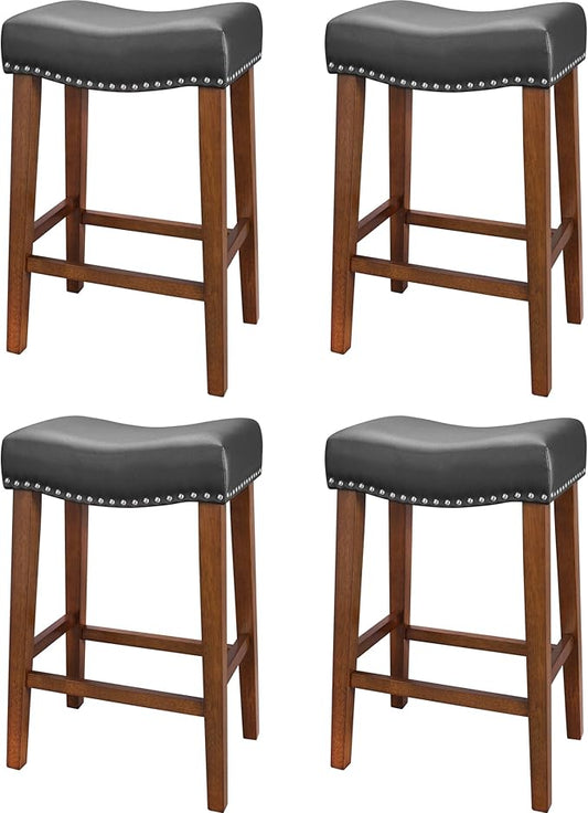 PrimeZone Counter Height Bar Stools Set of 4 - Backless Saddle Barstools with 4.3" Thick Upholstered, Nailhead Trim Faux Leather & Solid Wood Legs, 26 Inch Counter Stools for Kitchen Island, Black