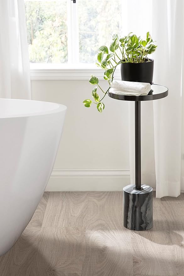 Kate and Laurel Hescott Modern Mirrored Drink Table; 10 x 10 x 24; Gray Marble and Gunmetal; Contemporary Round Accent Table with Premium Marble Base and Mirror Tabletop