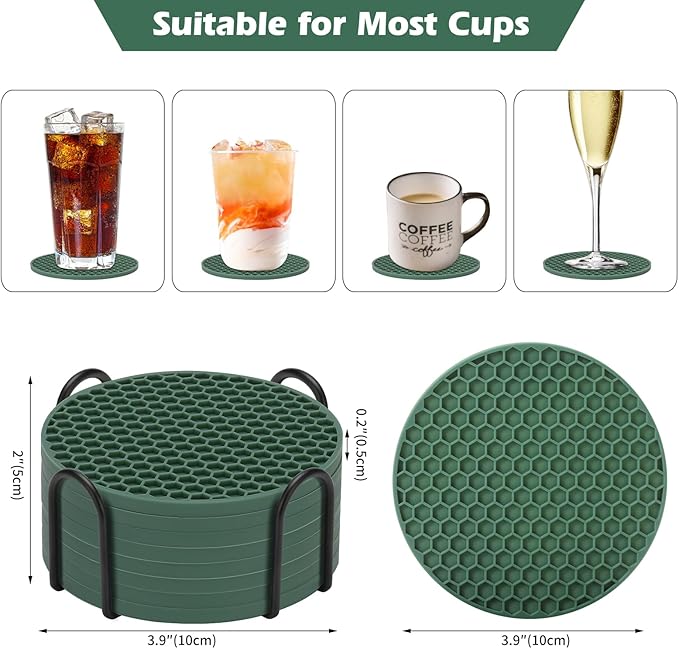Silicone Coaster Set of 16 with Holder, Drinks Coasters, Beer & Coffee, Hot or Cold, Anti-Slip, Non-Stick, Anti-Overflow Tabletop Protection and Decor (Green, 16 Pcs)