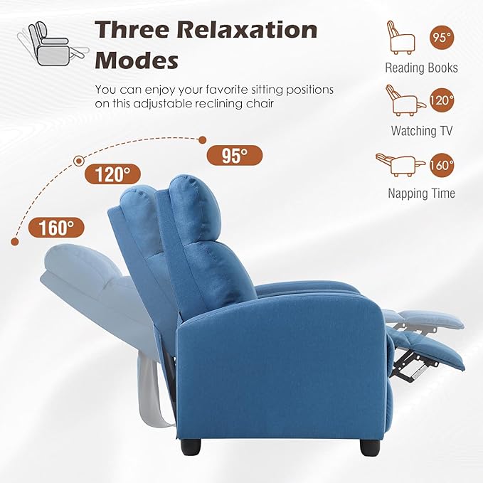 BestMassage | Recliner Chair | No Massage Function | Textile Blue | with Lumbar Support, Adjustable Push Back, Wide Armrests, Footrest & Padded Seat | Easy Assembly | for Living Room, Home Theatre