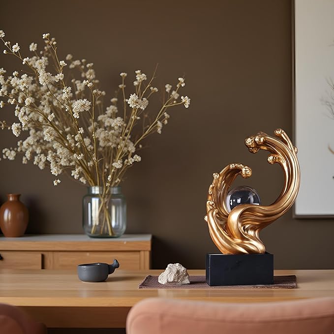 Modern Abstract Decorative Wave Statue, Gold Abstract Art Home Decor,Crystal Ball Art Wave Resin Sculpture, Office Desk Stand, Dining Table Center Decorative Aesthetics (Gold)