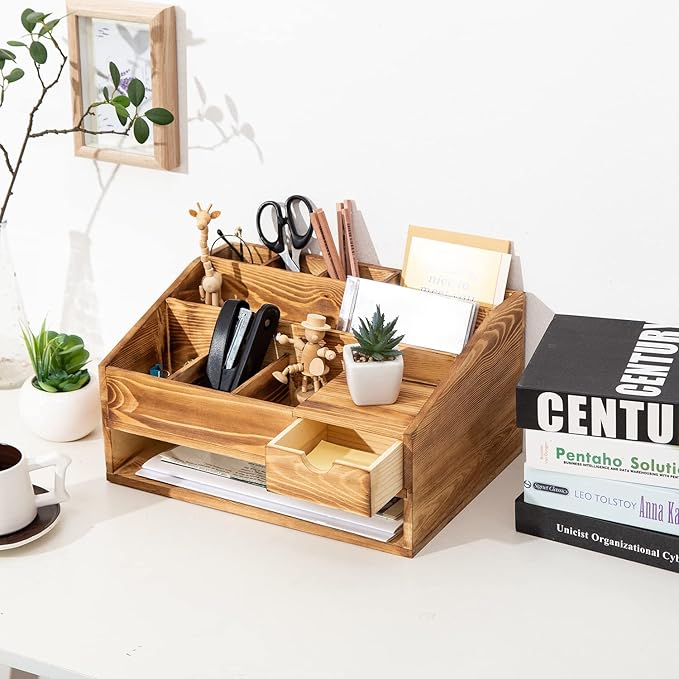 VERGOODR Wood Desk Drawer Organizers with File Organizer Pen holder Decor combo for Desk Organization, Office Desks, Home can arrange calculators, scissors, pens, note papers, etc. (Baked color)
