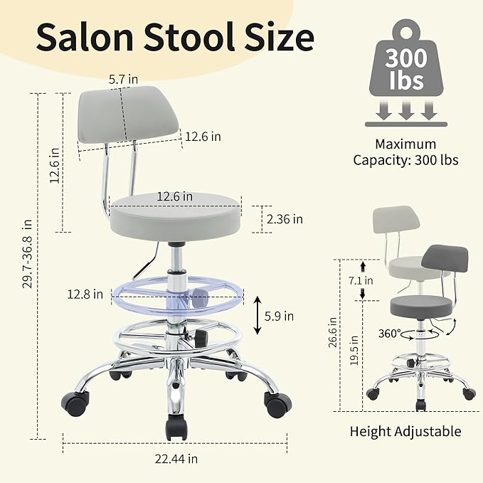 Rolling Massage Chair, Height Adjustable Salon Stool with Wheels 19.5"-26.6", Gray Guitar Stool (Gray)