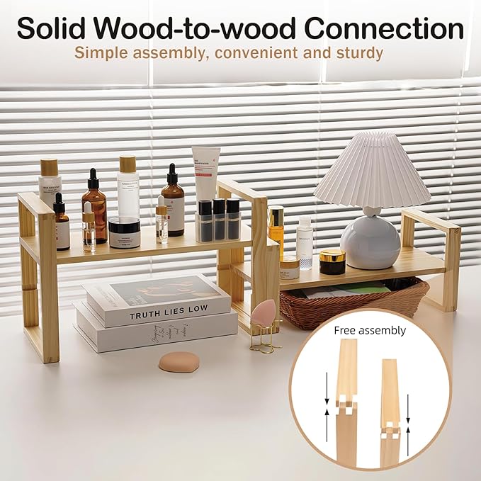 Desk Shelves Desktop Organizer Shelf-No Tools Assembly Interlocking Joints for Enhanced Stability Holds 130lbs for Desk Organizers and Bookshelf Table Top Shelving in Office--Pine Nature Wood Color