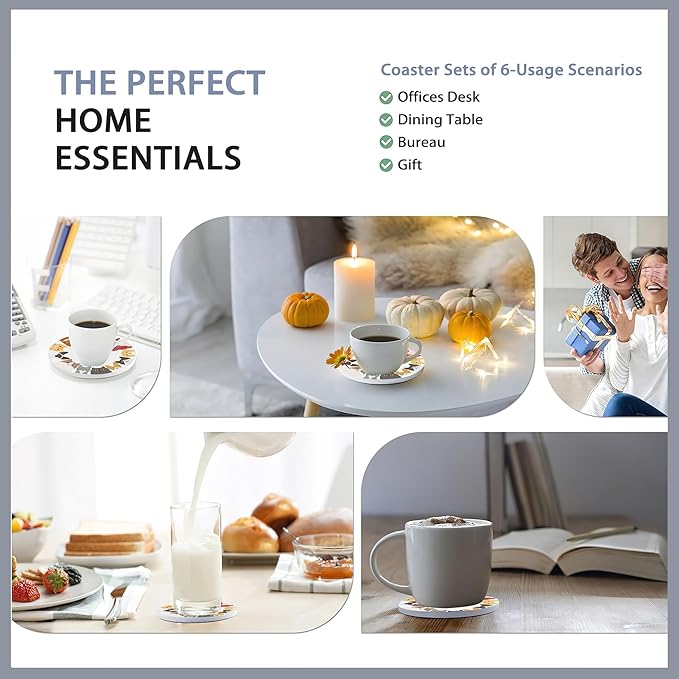 6 Pcs Coasters for Drinks with Holder,Cute Cats and Dogs Absorbent Coaster with Cork Backing,Great Gift for Housewarming,Room Decor,Bar,Holiday Party