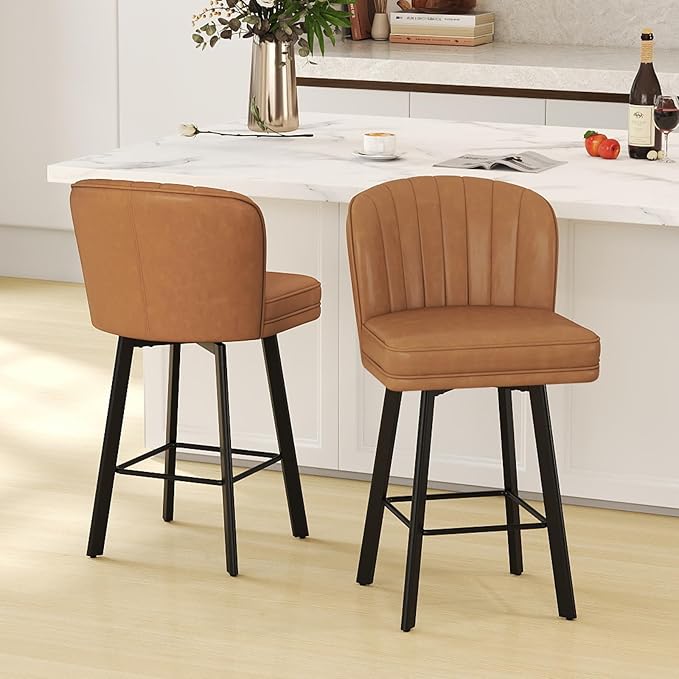 Swivel Counter Height Bar Stools Set of 3, 26'' Modern Barstools with Backs and Metal Legs, Upholstered Bar Chairs, Faux Leather Whiskey Brown Stools for Kitchen Island Chairs