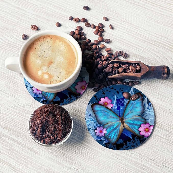 Beautiful Butterfly Table Coasters for Drinks Vintage Splash Ink Floral Pink Bloom 100% Diatomite Home and Dining Room Bar Decor 4 X 4 X 0.35 Inch for Men Women