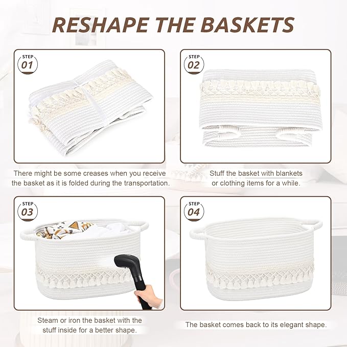 3 Pack Storage Basket for Shelves, Boho Cotton Rope Storage Bins with Heavy Tassel, Shelf Baskets Large Woven Baskets for Organizing, Cube Organizer Bins, Baby Laundry Basket for Clothes, Toys, Pets