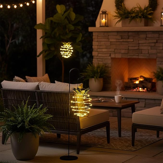 2 Pack Waterproof Solar Lanterns Outdoor, 60LED Hanging Lights with Pineapple Pattern, Solar Garden Lights Outdoor for Patio Yard Decor, Gift for Grandma Gardeners Women