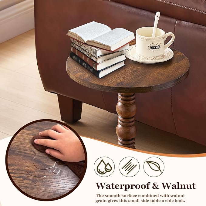 Round Side Table,Stable Small Drink Table for Small Spaces, Modern Accent Side Table with Solid Rubber Wood Table Leg,Easy Assembly for Living Room, Bedroom, Sofa & Office Corners-Rustic Brown