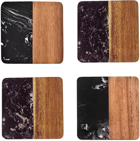 I-LAN 4 Pack 4 x 4 Inch Squre Natural Wood and Marbel Style Coasters for Drinks，Marble and Natural Wood Joint Mixed Modern Style Heat-Resistant Coaster Set for Home Kitchen