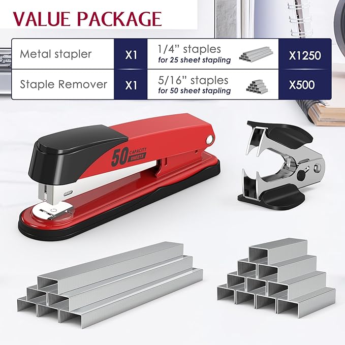 Metal Stapler Heavy Duty 50 Sheet Capacity with 1750 Staples and Staple Remover, Full Strip Staplers for Desk, No Jam, Non-Slip for Office & Classroom, Red