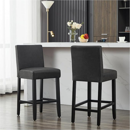 26'' Faux Leather Bar Stools Set of 2, Modern Upholstered Bar Height Bar Chairs, Soild Wood Legs Barstools with Back, Black