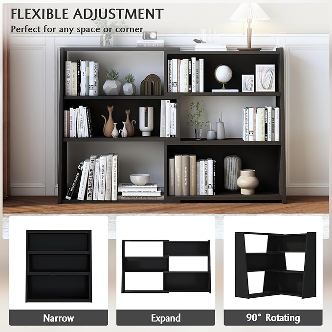 IOTXY Wooden Extendable Shelf Bookcase - 3-Tier Ladder Low Short Bookshelf for Small Space or Corner, Black, L