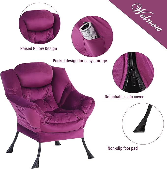 Welnow Lazy Chair with Ottoman, Modern Lounge Accent Chair with Armrests and a Side Pocket, Leisure Sofa Armchair Set, Reading Armchair with Footrest for Small Space, Dark Purple