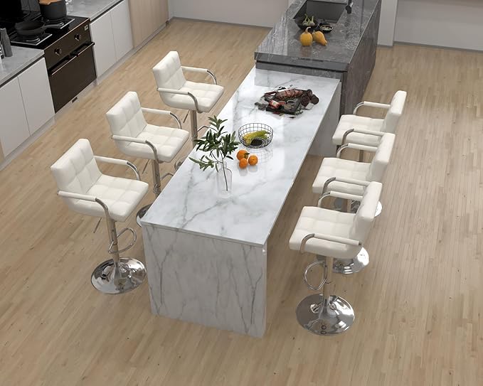 Modern Counter Height Bar Stools Set of 6, Armless Adjustable Swivel Square Bar Chairs Kitchen Barstools with PU Leather and Large Base for Dining Room/Island(White)