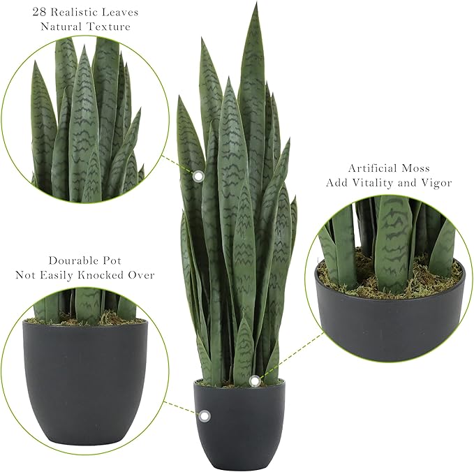Worth Garden 3ft Artificial Snake Plant Fake Sansevieria Indoor Outdoor, 28 Thick Leaves Lifelike Faux Silk Plant, Home Decor Mother in Law Tongue Plant 35in, with Black pot & Dry Moss Included, Green