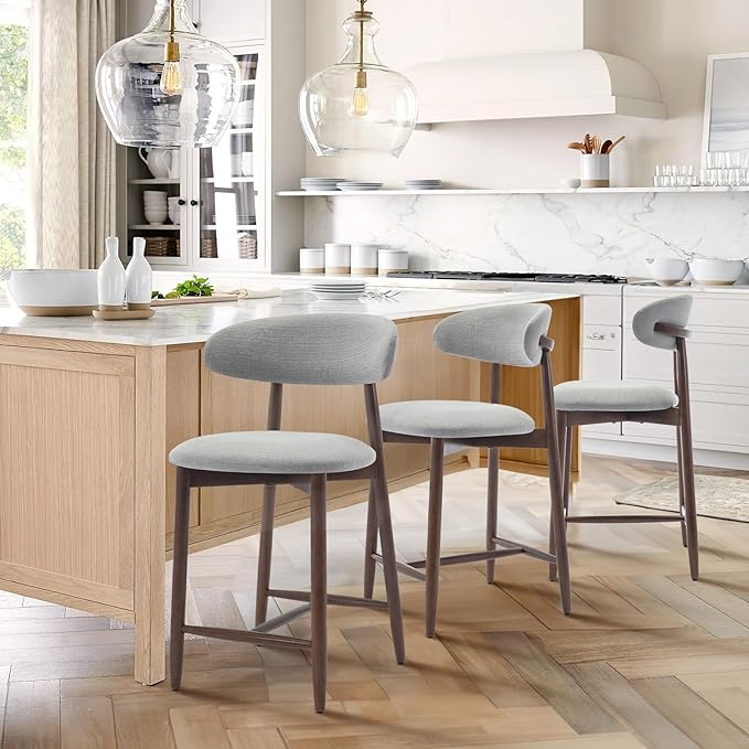 COLAMY Bar Stools Set of 3, Counter Height Barstools with Back, Upholstered Bar Stools with Wood Legs for Kitchen Island Dining Room Bar, Light Grey