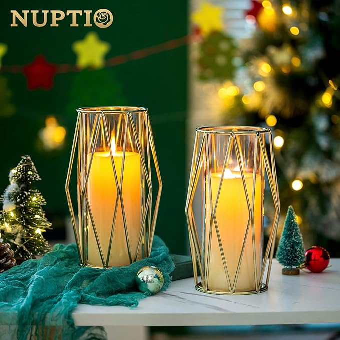 Nuptio Gold Pillar Candle Holder: Glass Hurricane Candles Holders with Geometric Metal Rack Stand for Wedding Birthday Party Centerpieces - Decorative Flower Vase for Office Living Room