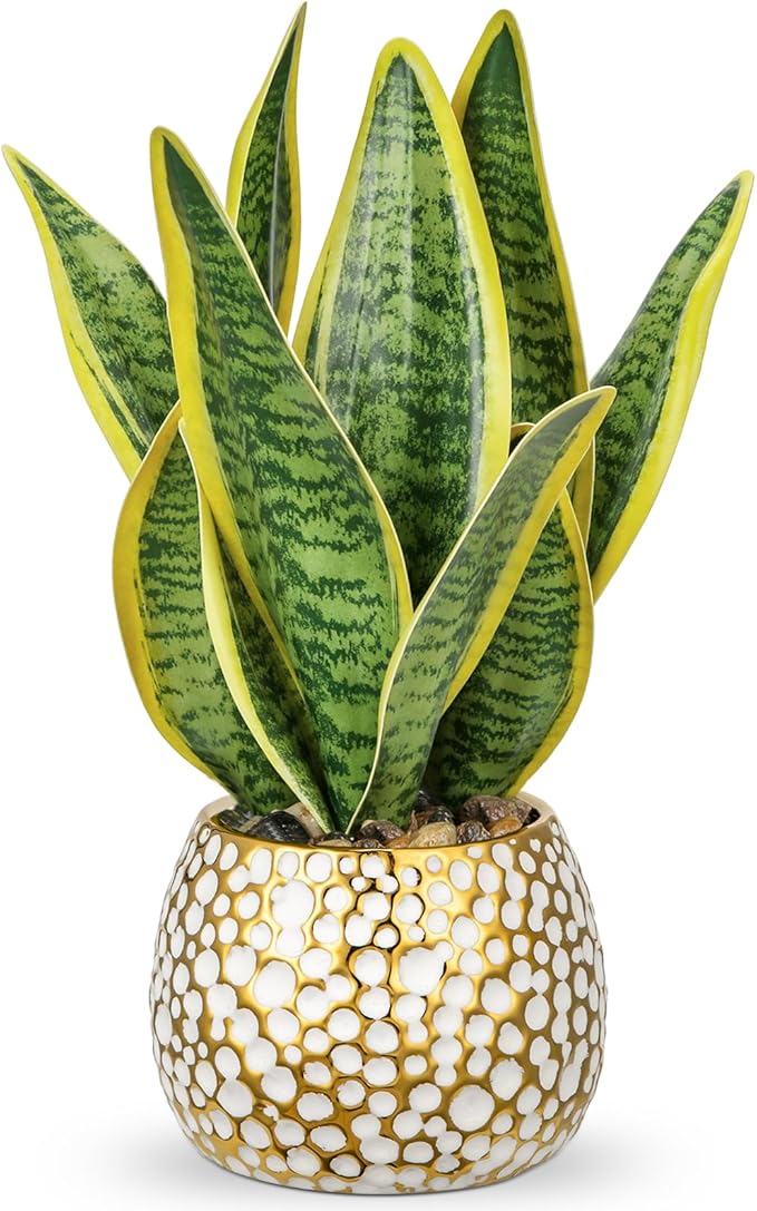 Hollyone Artificial Snake Plant Potted Faux Sansevieria Trifasciata Plants, 13" Tropical Fake Plants in Ceramic Pots for Home Office Room Indoor Decor Housewarming Gifts