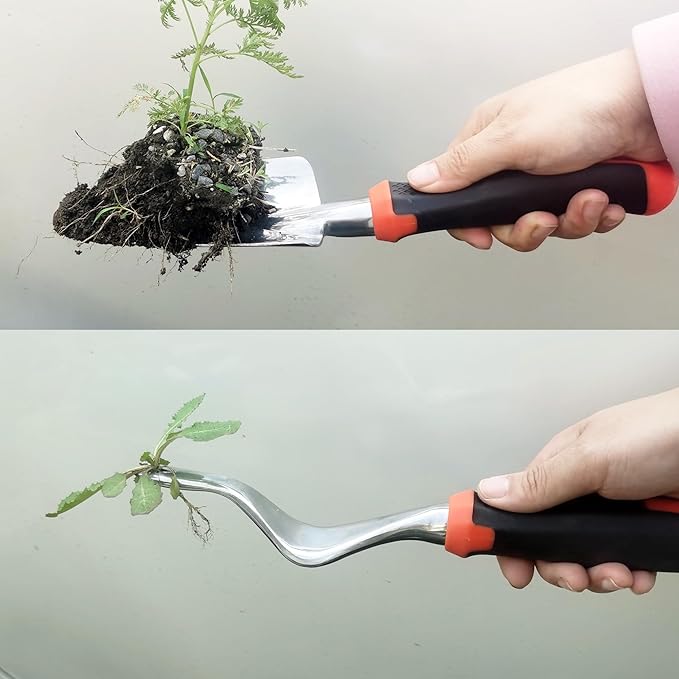 Garden Tools Set, 4 Piece Aluminum Hand Tool Kit with Ergonomic Handle, Heavy Duty Gardening Tools Include Hand Trowel, Transplant Trowel, Hand Rake and Weeder (Orange)