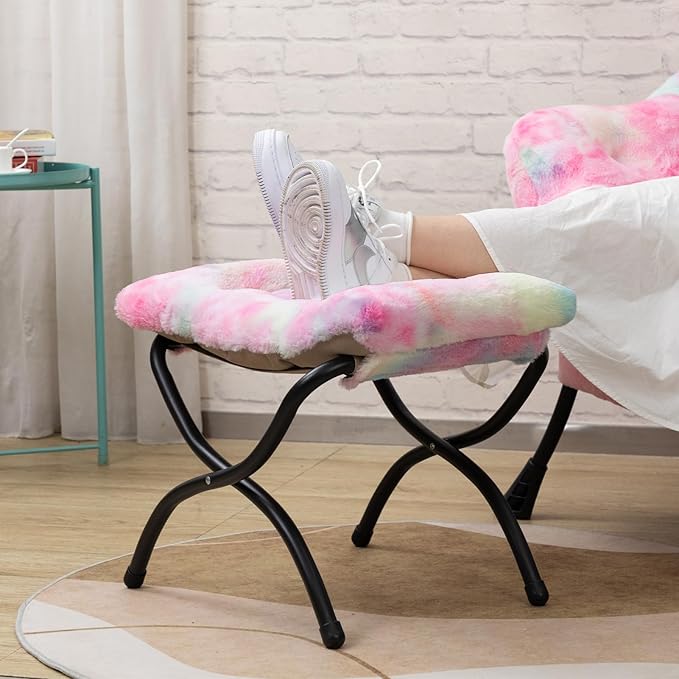 HollyHOME Faux-Fur Lazy Chair with Foldable Ottoman, Accent Comfy Lounge Arm Chair and Folding Footrest Stool Set, Leisure Sofa Reading Chair and Footstool for Living Room, Bedroom, Dorm, Colorful