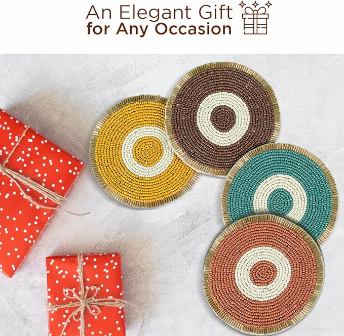 Folkulture Fall Beaded Coasters for Drinks | Set of 4 (4") Round Decorative Bar Coasters for Table Décorations | Cute Boho Coaster Set for Cocktail | Modern Coaster for Coffee Table | Evil Eye Decor