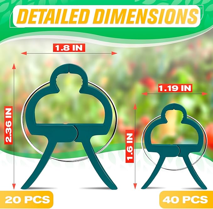 Tomato Clips for Garden - 60 Pcs 2 Sizes Plastic Tomato Plant Clips for Support & Upright Growth, Reusable & Adjustable, Gentle & Reliable Fixation, Easy to Use - for Stems, Flowers, Vines, Vegetables