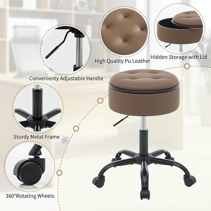 Rolling Salon Stool, Adjustable Tattoo Stool 20.67’’-24.61’’, Coffee Brown Esthetician Swivel Chair