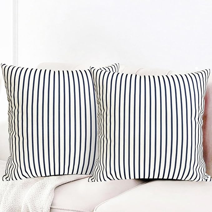 Decorative Throw Pillow Covers Set of 2 Blue Striped Pillow Covers 20x20 Inch Throw Pillow Cover Linen Pillowcase Modern Farmhouse Outdoor Pillow Covers for Couch Sofa Bed Living Room