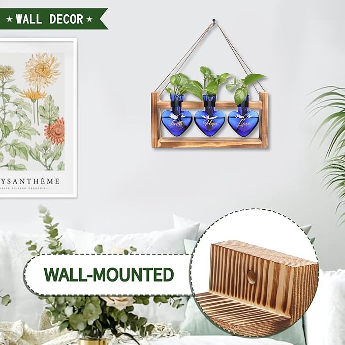 Plant Terrarium Propagation Stations Faith Hope Love Hydroponics Home Garden Decoration Gift for Women with Wooden Stand Heart Shaped Colored Glass Vase