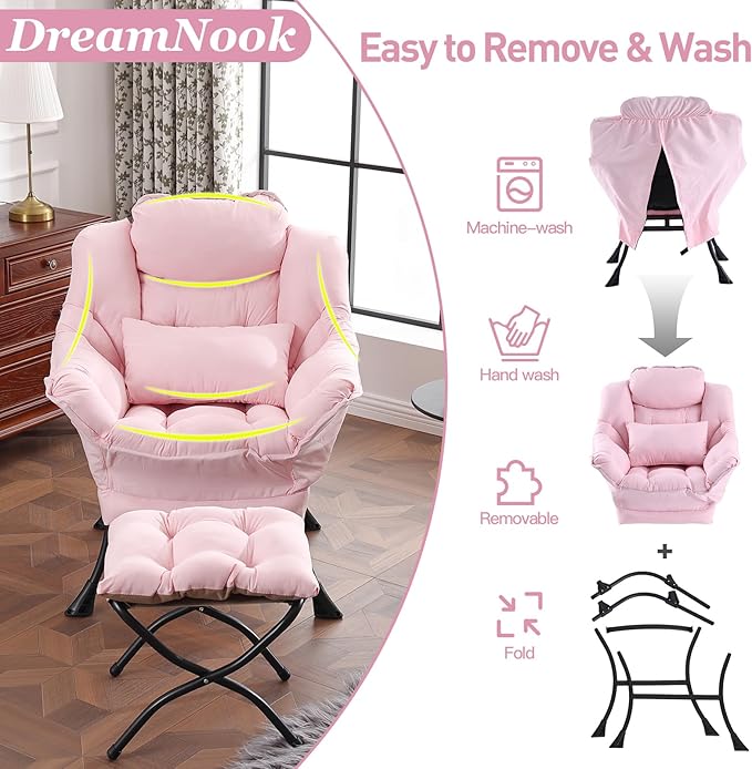 Lazy Chair with Ottoman, Modern Accent Chair with Lumbar Pillow, Comfy Chairs with Folding Footrest for Bedroom, Reading, Oversized Supportive Lounge Chairs(Pink)