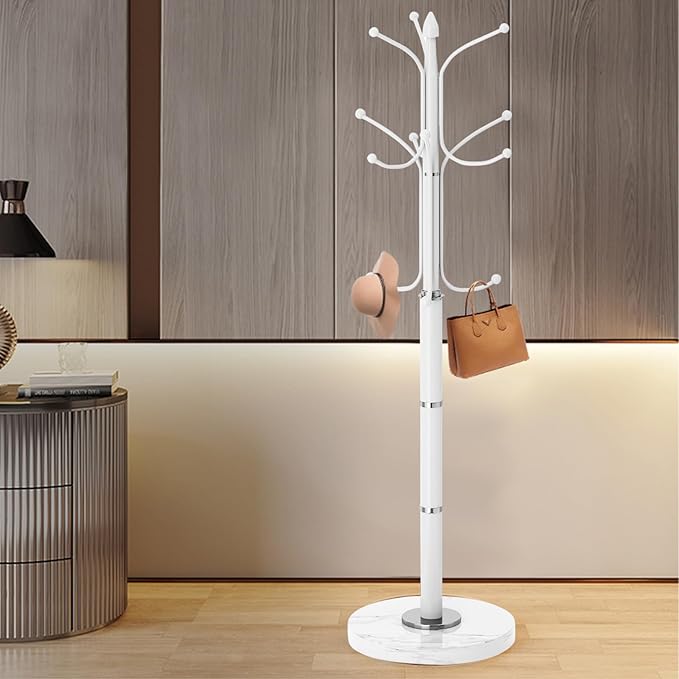 Modern Metal Coat Rack Stand, Coat Rack Freestanding with Natural Marble Base, Sturdy Heavy Duty Coat Racks with 12 Hooks, Coat Hall Tree Stand for Entryway, Office (12 HOOKS-White)