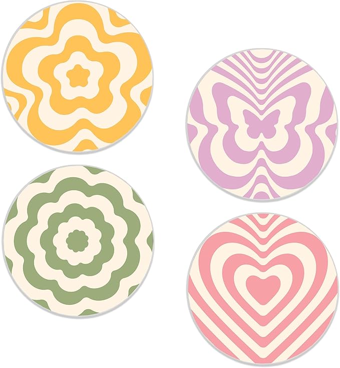 Drinks Coasters Set of 4, Groovy Wave Pattern Round 4" Cup Coasters, Absorbent Ceramic Stone Coasters with Cork Base, Cute Coasters for Table Home Décor, Ideal Gifts for Women Men