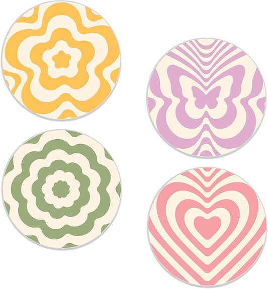 Drinks Coasters Set of 4, Groovy Wave Pattern Round 4" Cup Coasters, Absorbent Ceramic Stone Coasters with Cork Base, Cute Coasters for Table Home Décor, Ideal Gifts for Women Men