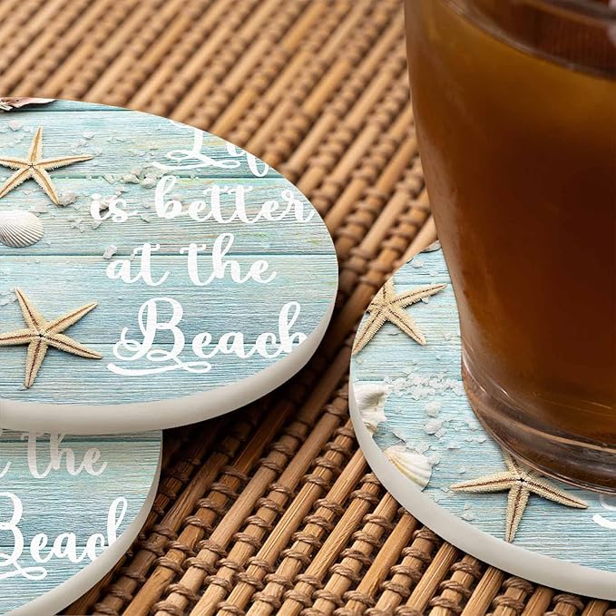 Life is Better at The Beach Drink Coaster for Tabletop Protection Summer Sand Sea Shells Starfishes Non-Slip Cups Place Mats Home Decor Diatomite Material for Men Women