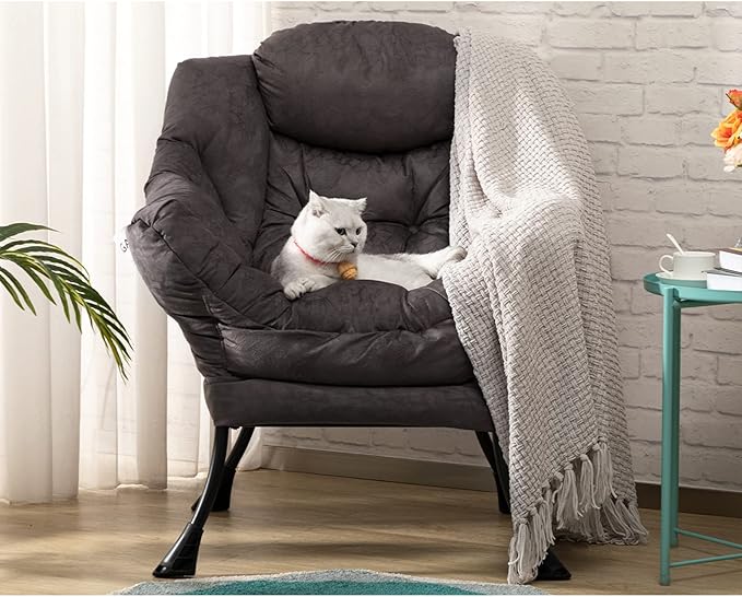 HollyHOME Modern Fabric Large Lazy Chair, Accent Oversized Comfy Reading Chair, Thick Padded Cozy Lounge Chair with Armrest, Steel Frame Leisure Sofa Chair for Living Room, Bedroom, Dorm, Coffee Grey
