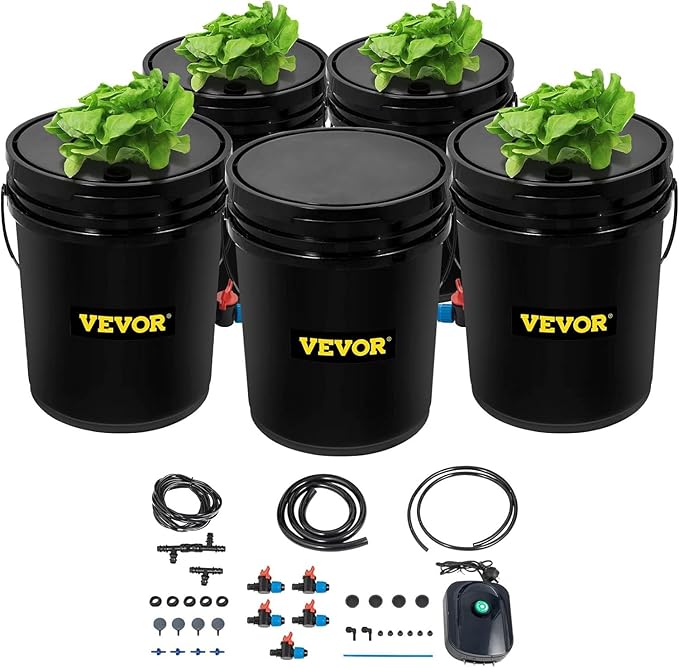 VEVOR DWC Hydroponic System, 5 Gallon 5 Buckets, Deep Water Culture Growing Bucket, Hydroponics Grow Kit with Pump, Air Stone and Connected Reservoir, for Indoor/Outdoor Leafy Vegetables