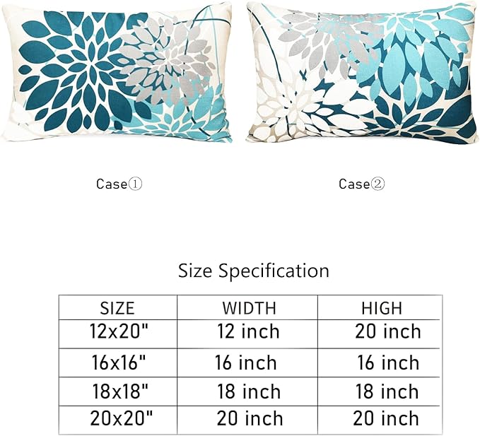 Teal Blue Decorative Throw Pillow Covers 12x20 Inch Pillow Covers for Couch Living Room Bedroom Outdoor.Modern Sofa Throw Pillow Cover.Farmhouse Geometric Floral Linen Square Pillow Case.Set of 2