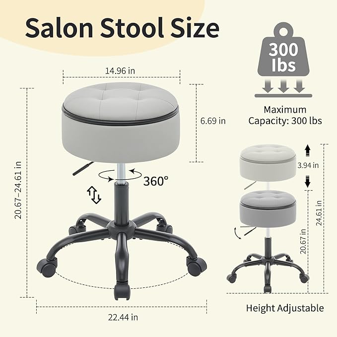 Rolling Chair (Stool & Small Table in One) (Adjustable Height Leather Pedicure Chair 20.67"-24.61"), Gray Tattoo Stool with Storage