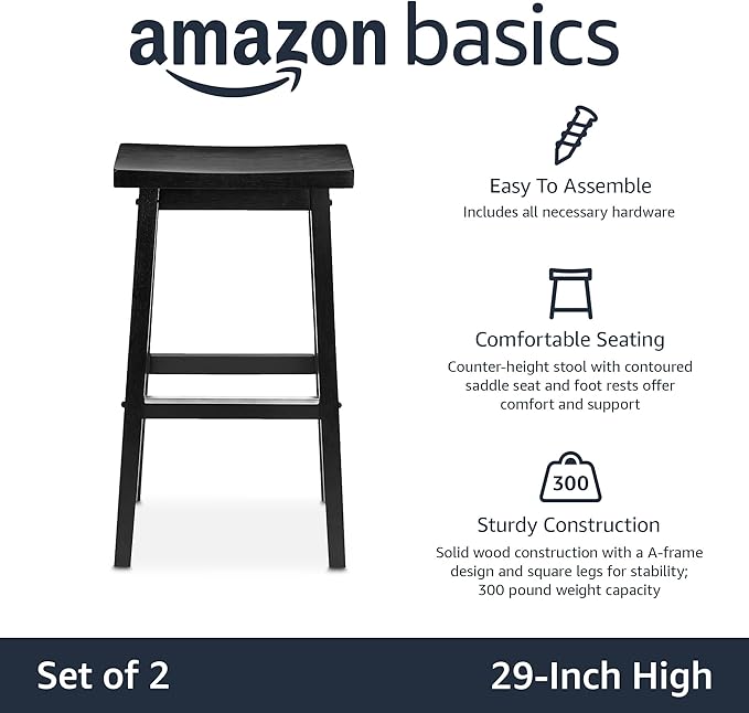 Amazon Basics Solid Wood Saddle-Seat Kitchen Counter Barstool with Footrest, Easy Assembly - 29-Inch Height - Black - Set of 2