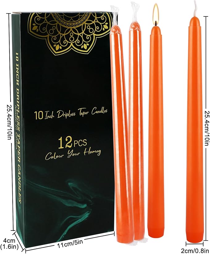 12-Pack Orange Taper Candles - 10 Inch Unscented Dripless Candlesticks, Long Burning for Halloween, Thanksgiving, Fall Decor & Dinner Parties