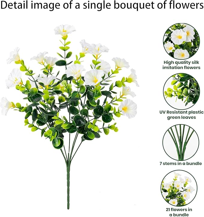 Artificial Outdoor Flowers 16 Bundles Fake Morning Glory Flower Outdoor UV Resistant Plastic Faux Flowers Plants for Decoration Indoor Outdoor Hanging Window Box Planter Home Porch Decor (White)